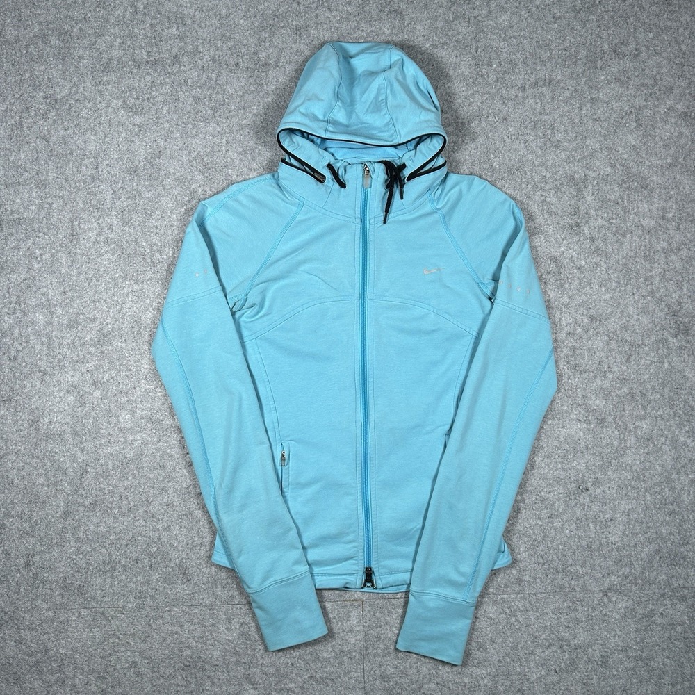 Nike Dri Fit Jacket Womens Size Small Blue Zip Hooded Full Zip Active Breathable